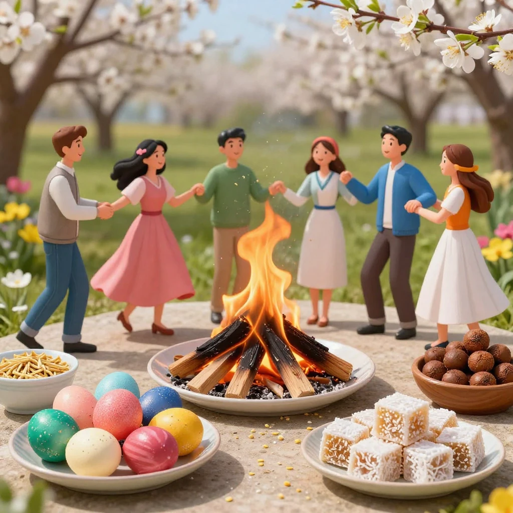 A vibrant, cheerful scene depicting Novruz celebration, with...