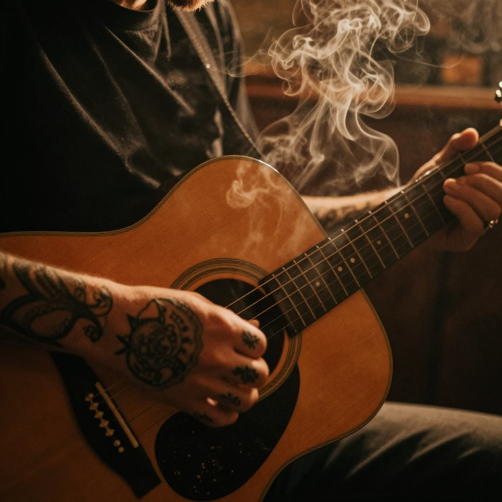 Close-up of tattooed hands on an acoustic guitar, smoke swir...