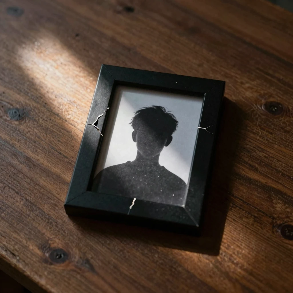 A small cracked photo frame on a heavy wooden table, showing...