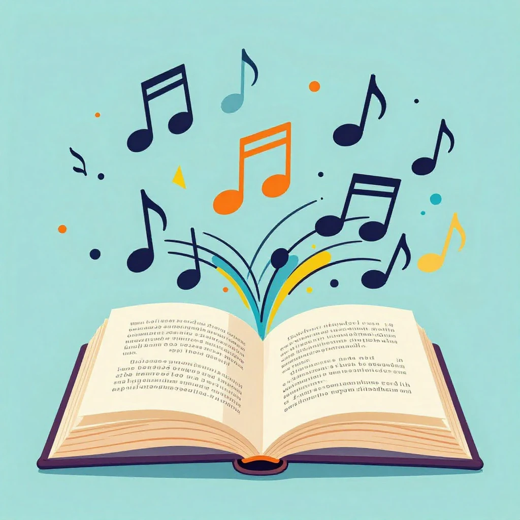 Stylized musical notes flowing around an open book with abst...