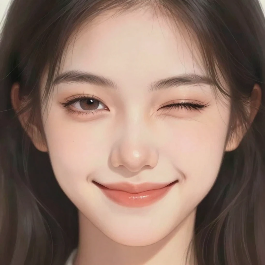 A girl's face with an enigmatic smile and mysterious squint,...