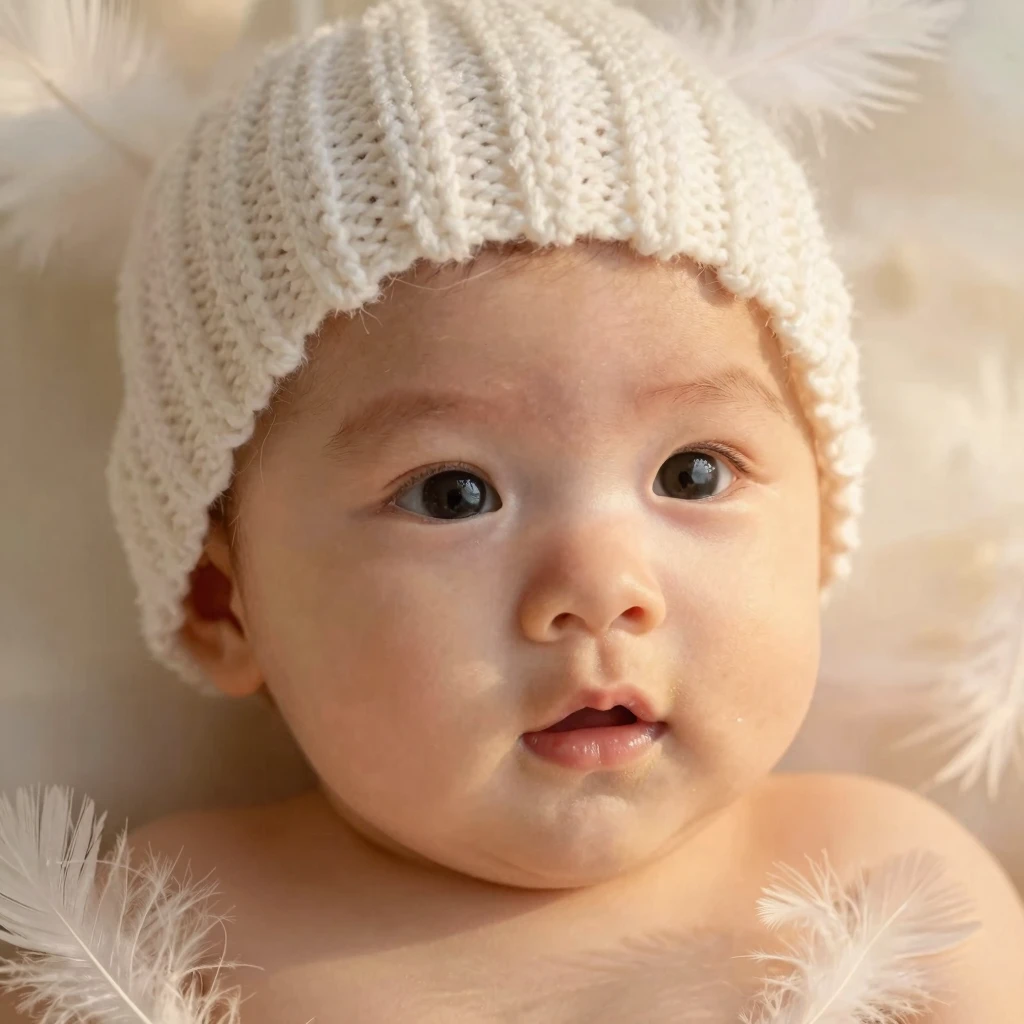 A close-up portrait of a beautiful, angelic baby with soft, ...