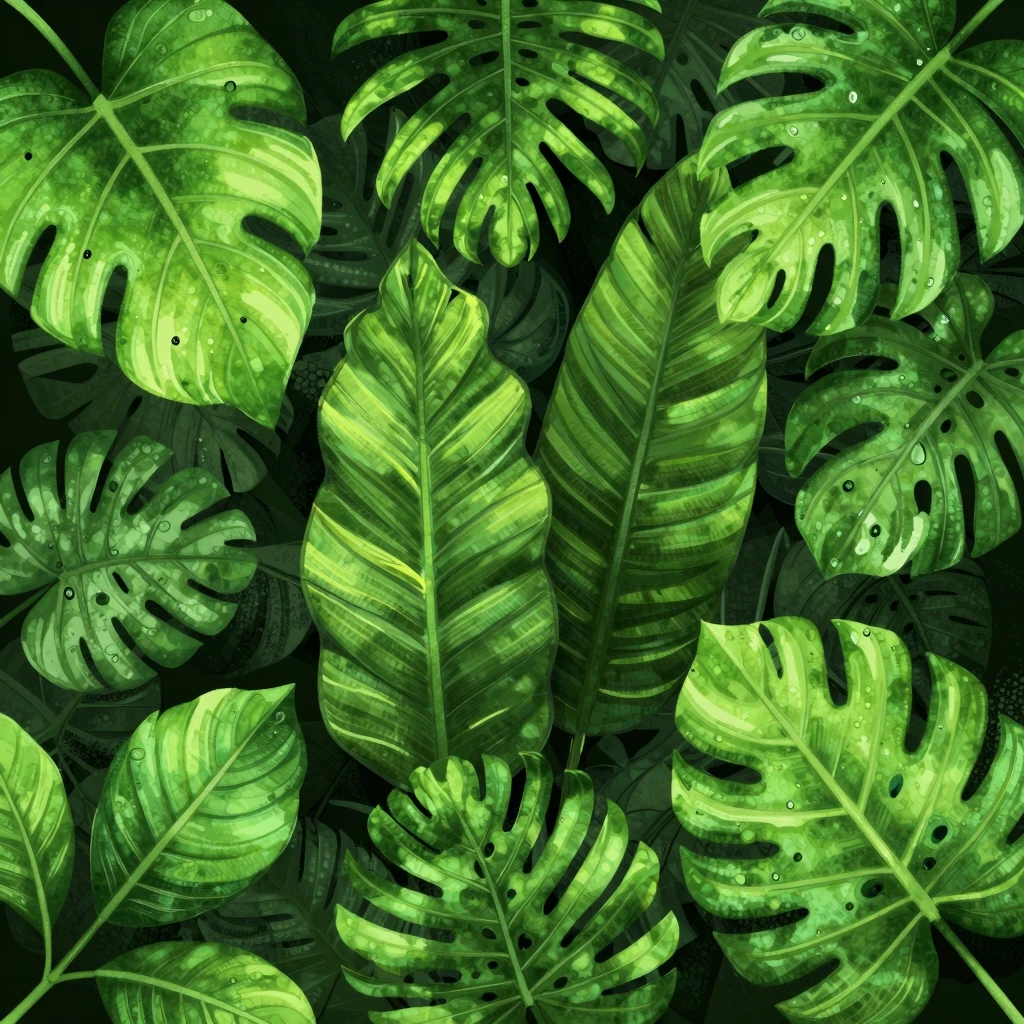 Artistic illustration of lush green foliage with various tro...