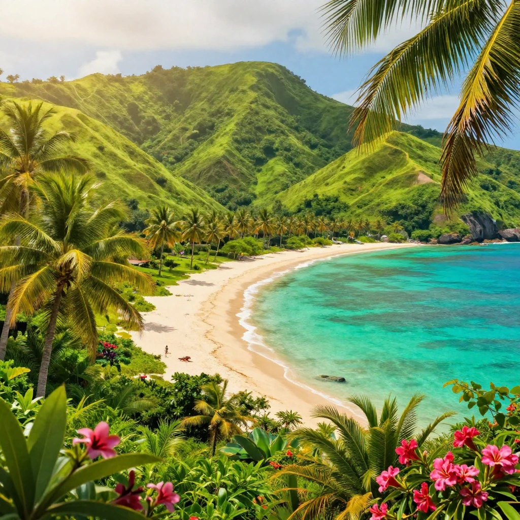 A vibrant and detailed landscape of a remote island with lus...