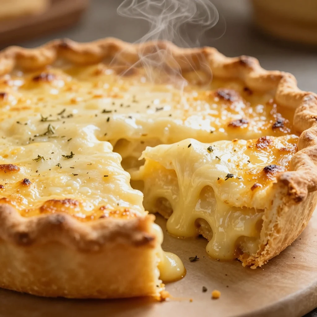 A close-up of a sliced cheese pie with melting cheese and he...