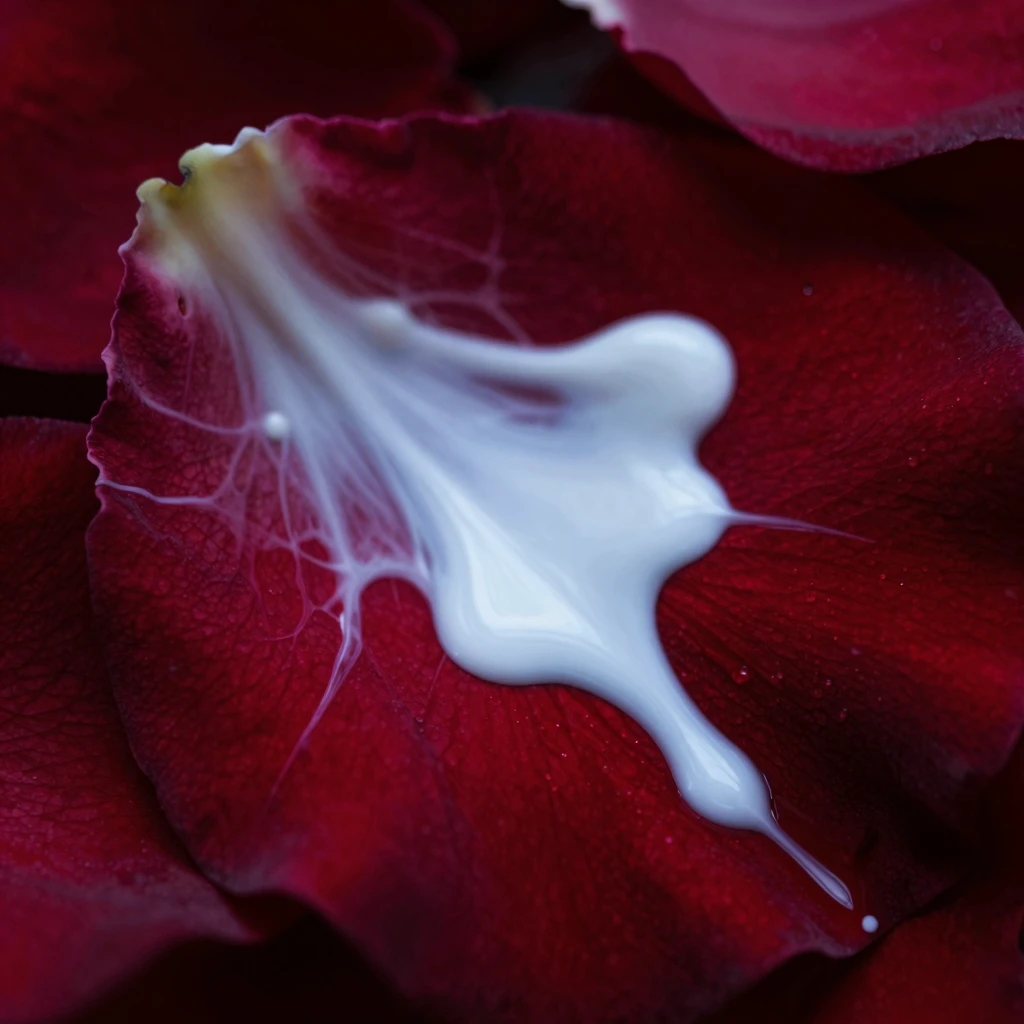 Macro shot of rose petal with white paint mixing into red li...