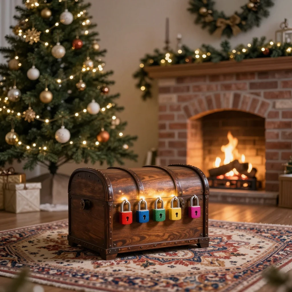 A cozy room decorated for Christmas with a brick fireplace, ...
