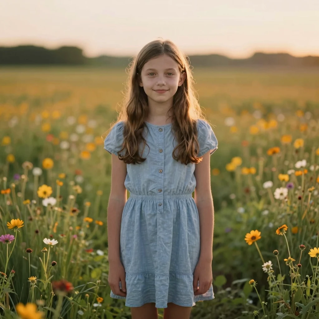 An 11-year-old girl with long hair and a gentle smile, weari...