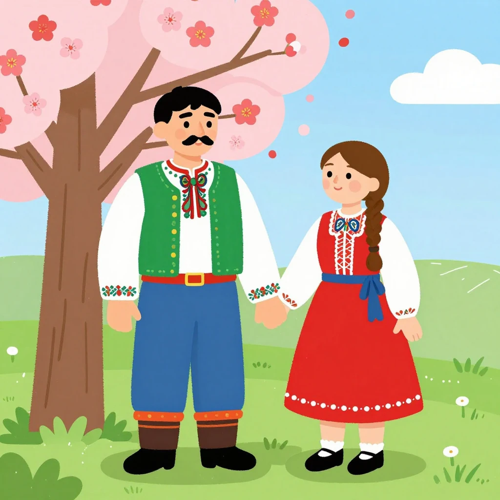 A traditional Cossack couple in colorful folk costumes, a ma...