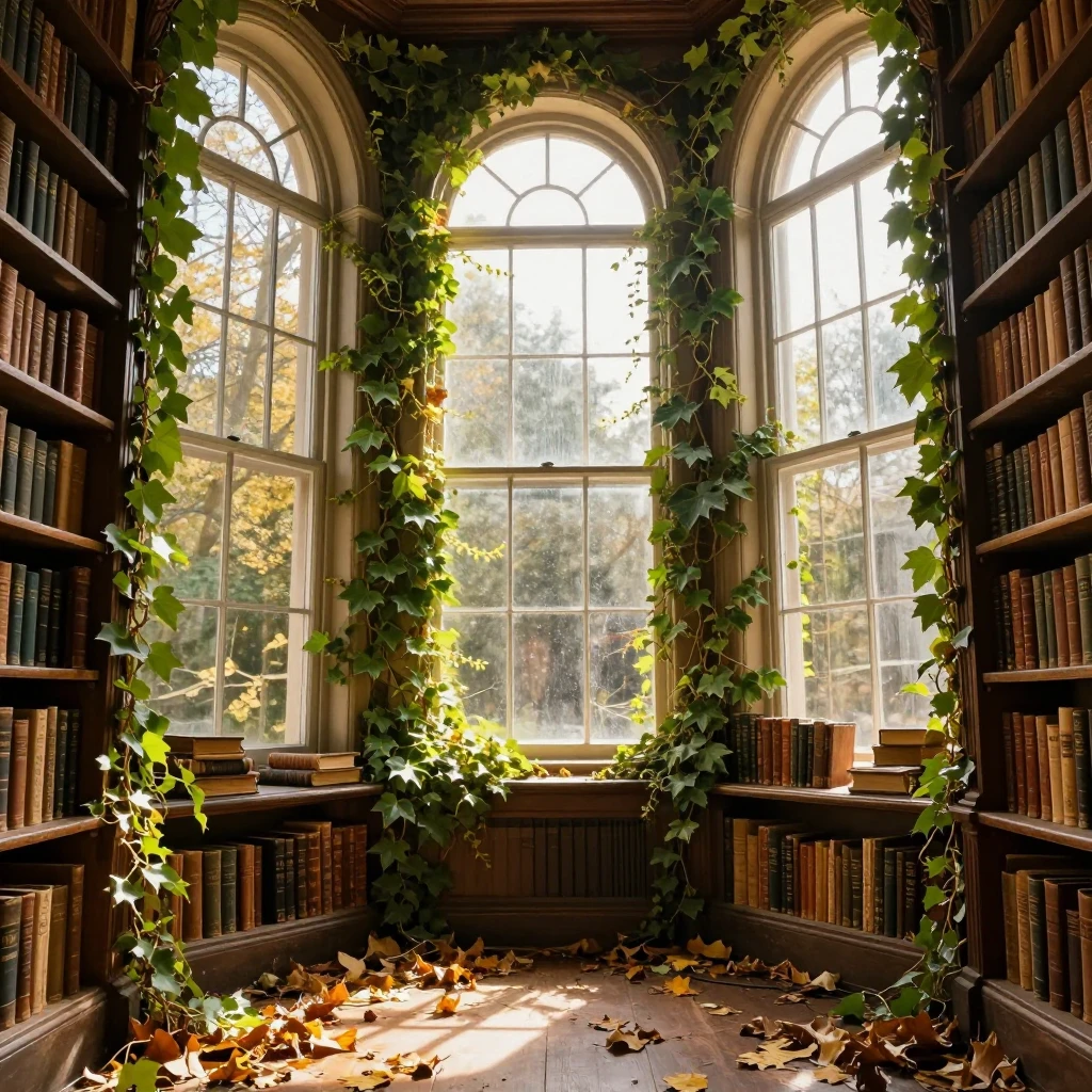 A sun-drenched overgrown library with tall arched windows, l...