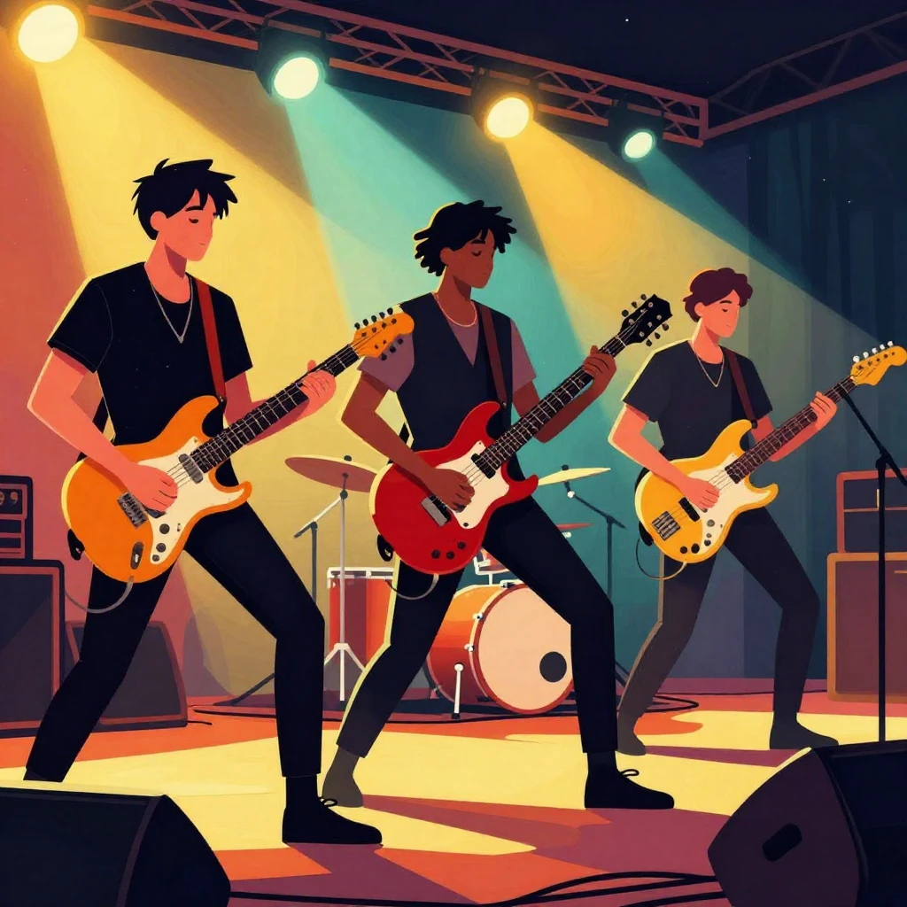 An artistic illustration depicting a rock band performing li...