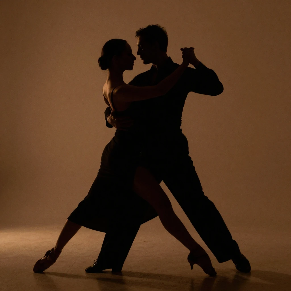 A silhouette of a couple in a dramatic tango pose, dancing p...