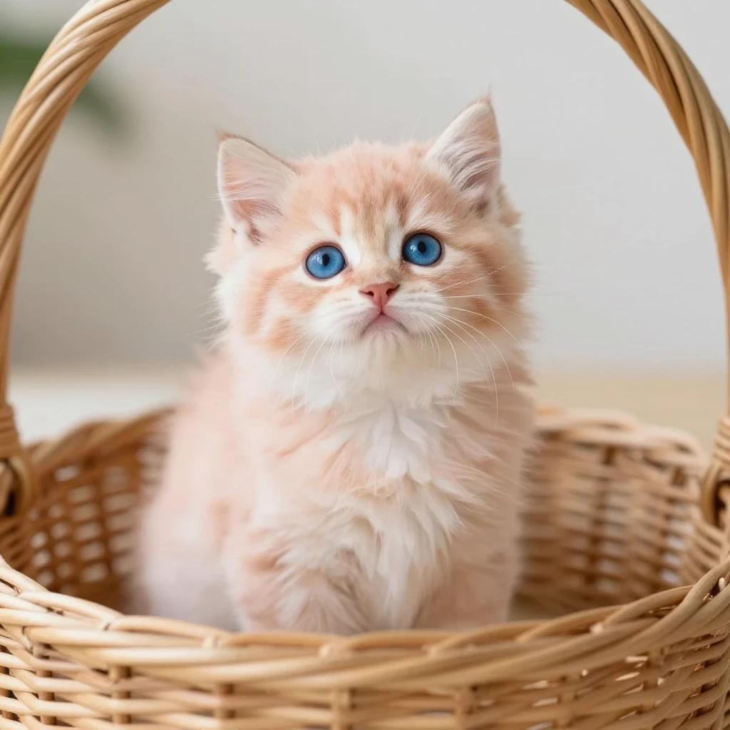 A fluffy peach-colored kitten with bright blue eyes sitting ...