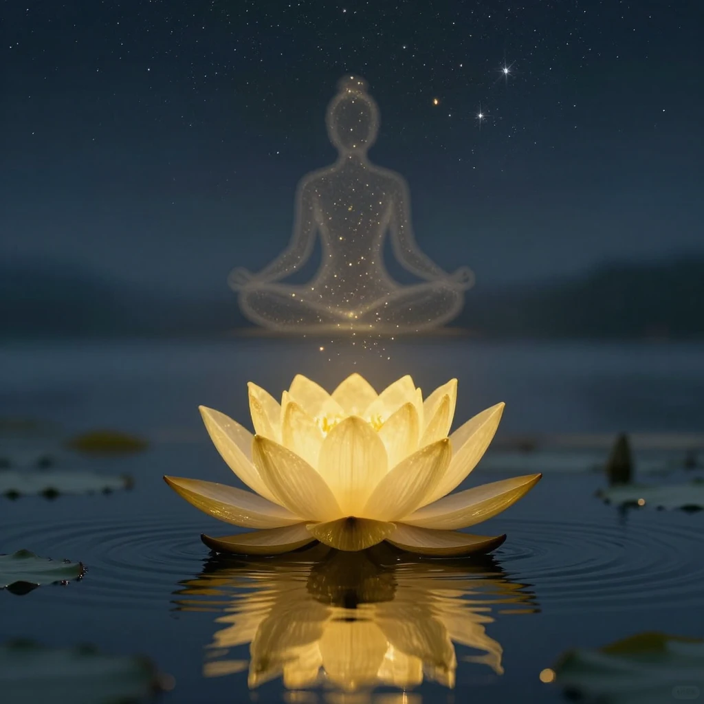 A golden lotus flower blooming in the center of a calm dark ...