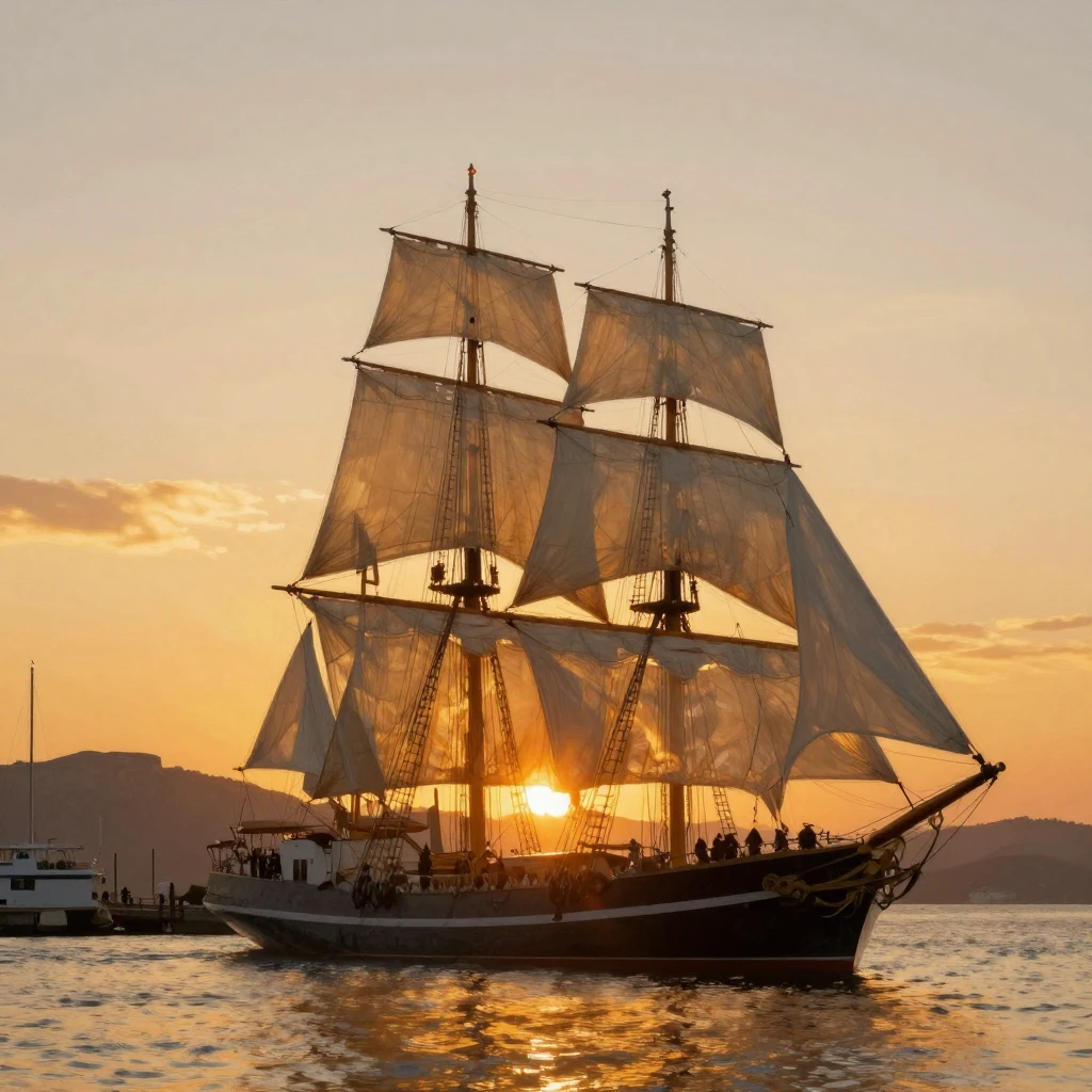 Warm sunset harbor scene with a sailing ship, golden light, ...