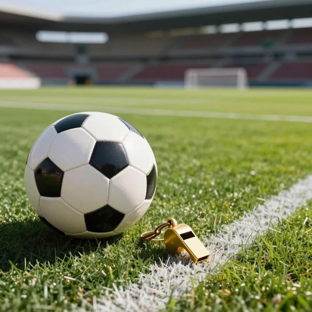 A sunny professional soccer field with a football and golden...