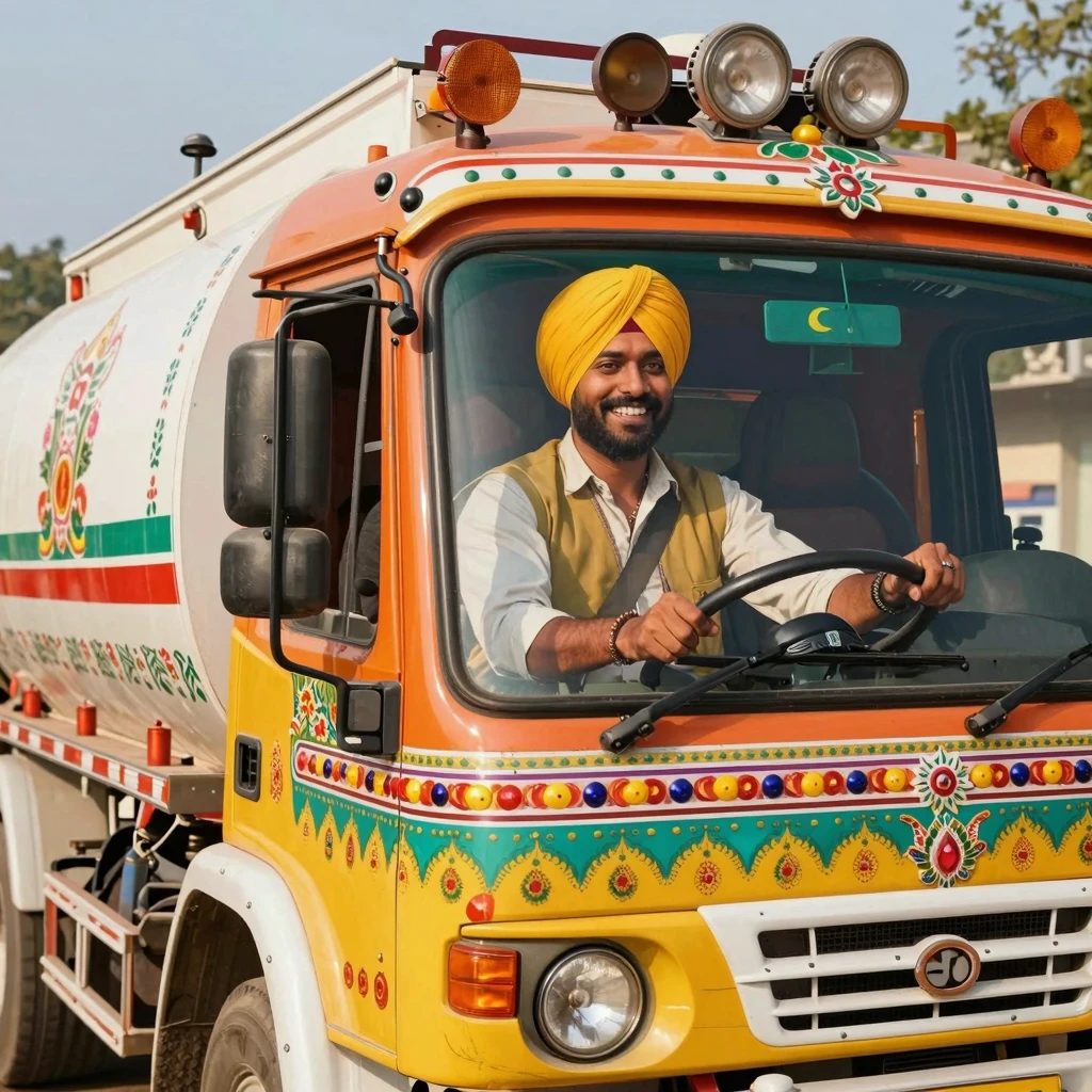 A cheerful Indian truck driver with a bright turban and wide...