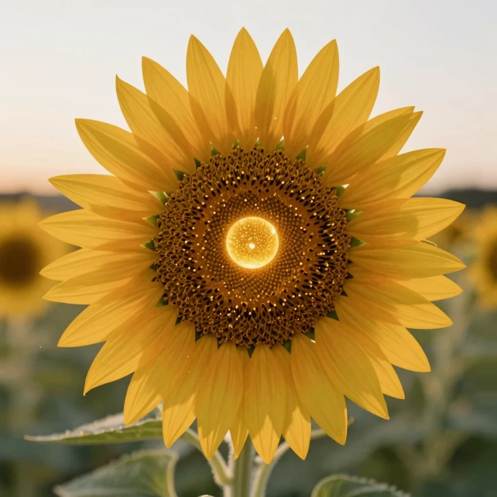 A close-up of a sunflower with a glowing orb center like a m...