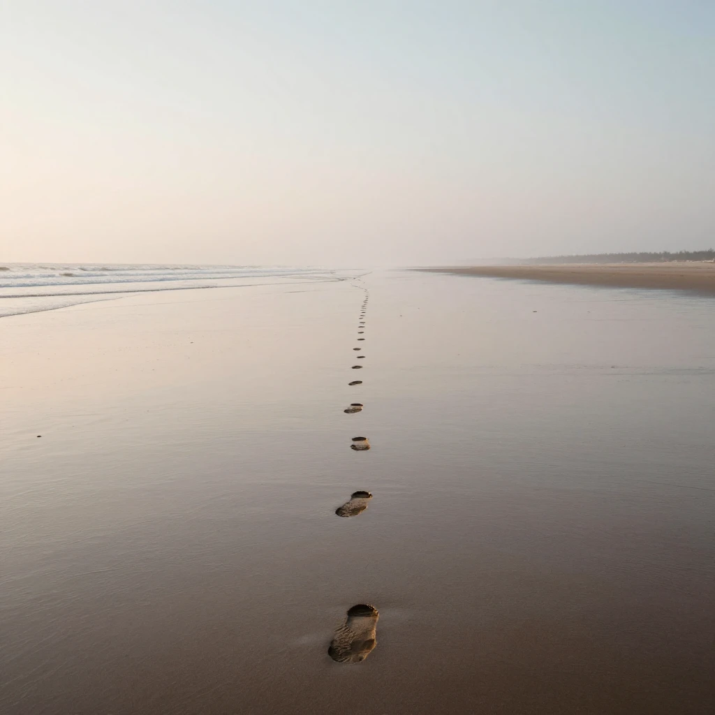 A wide shot of a lonely beach at dawn, wet sand reflecting a...