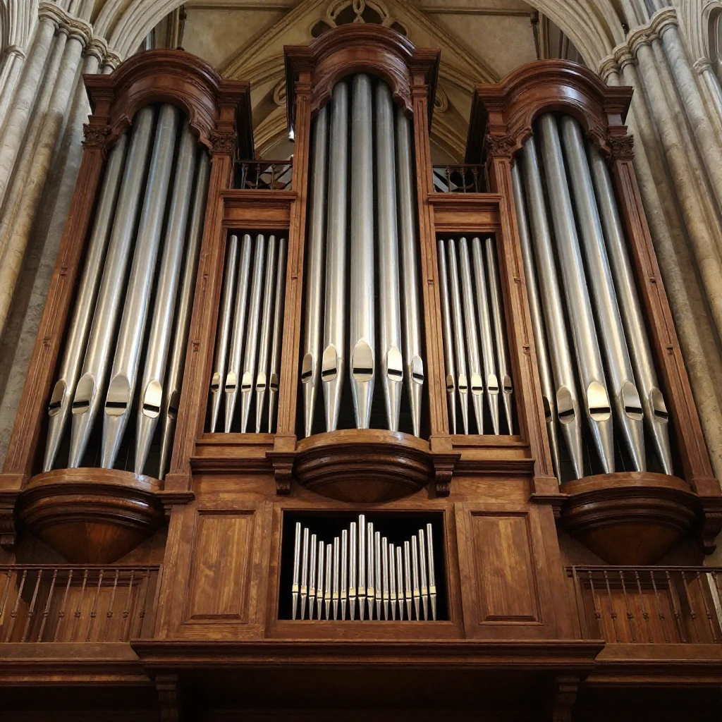 A detailed and majestic view of a large pipe organ inside a ...
