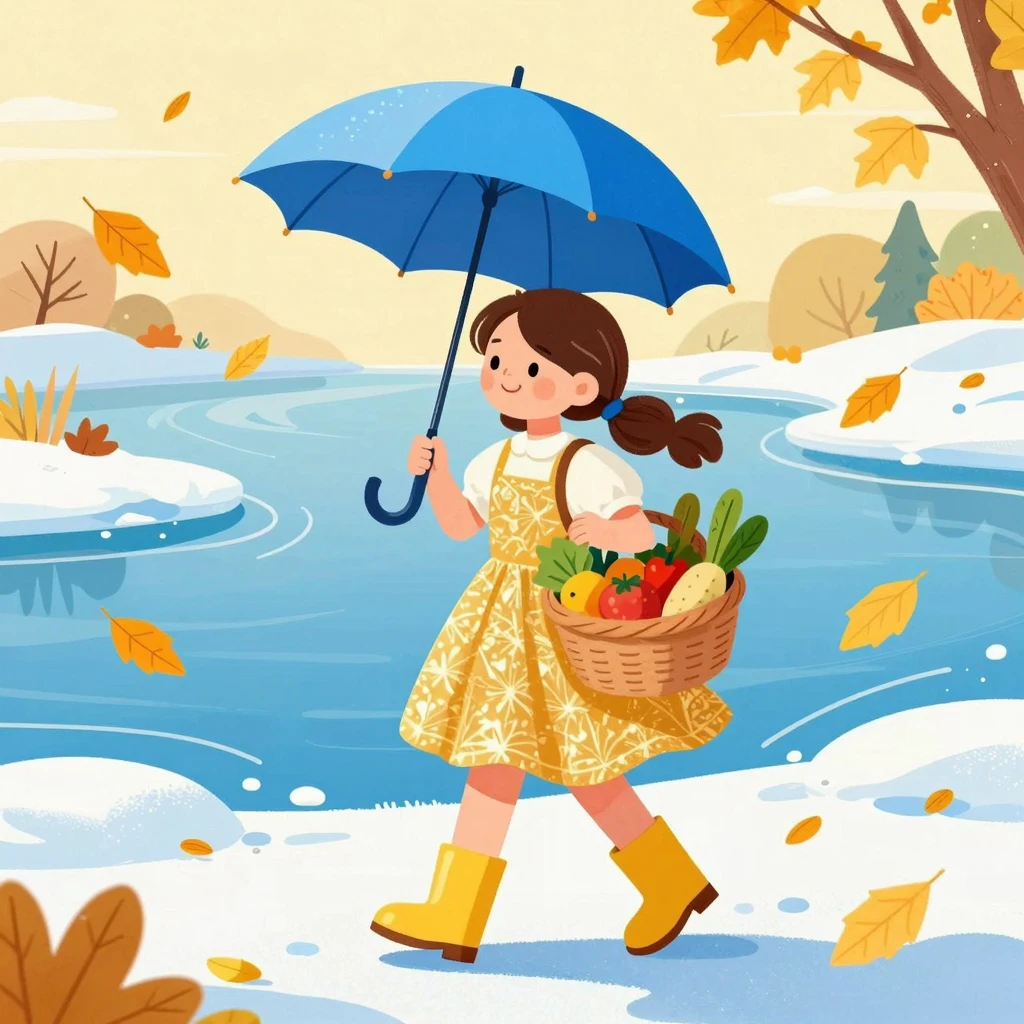 Children's art style, vibrant and colorful. A girl in a gold...