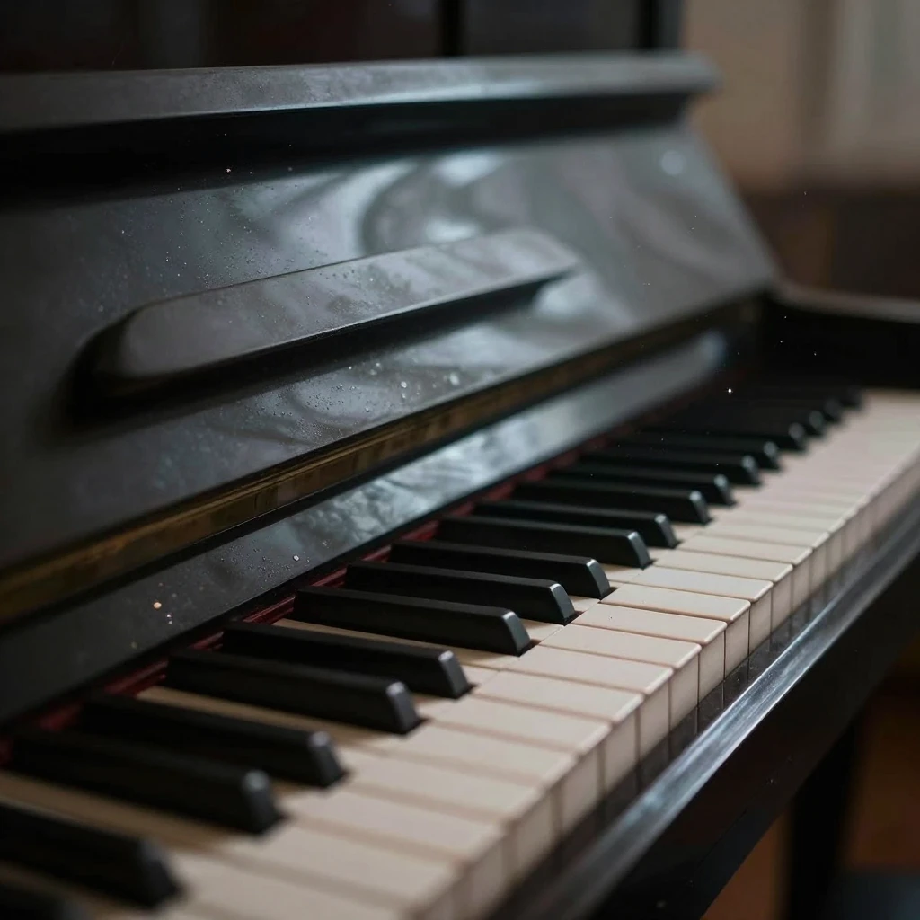 Close-up of a detuned old piano in a dark room, soft light h...