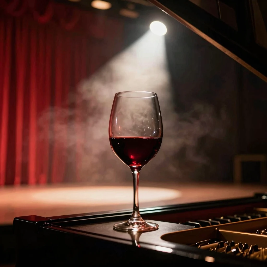 A close-up of a glass of red wine on a grand piano on a stag...