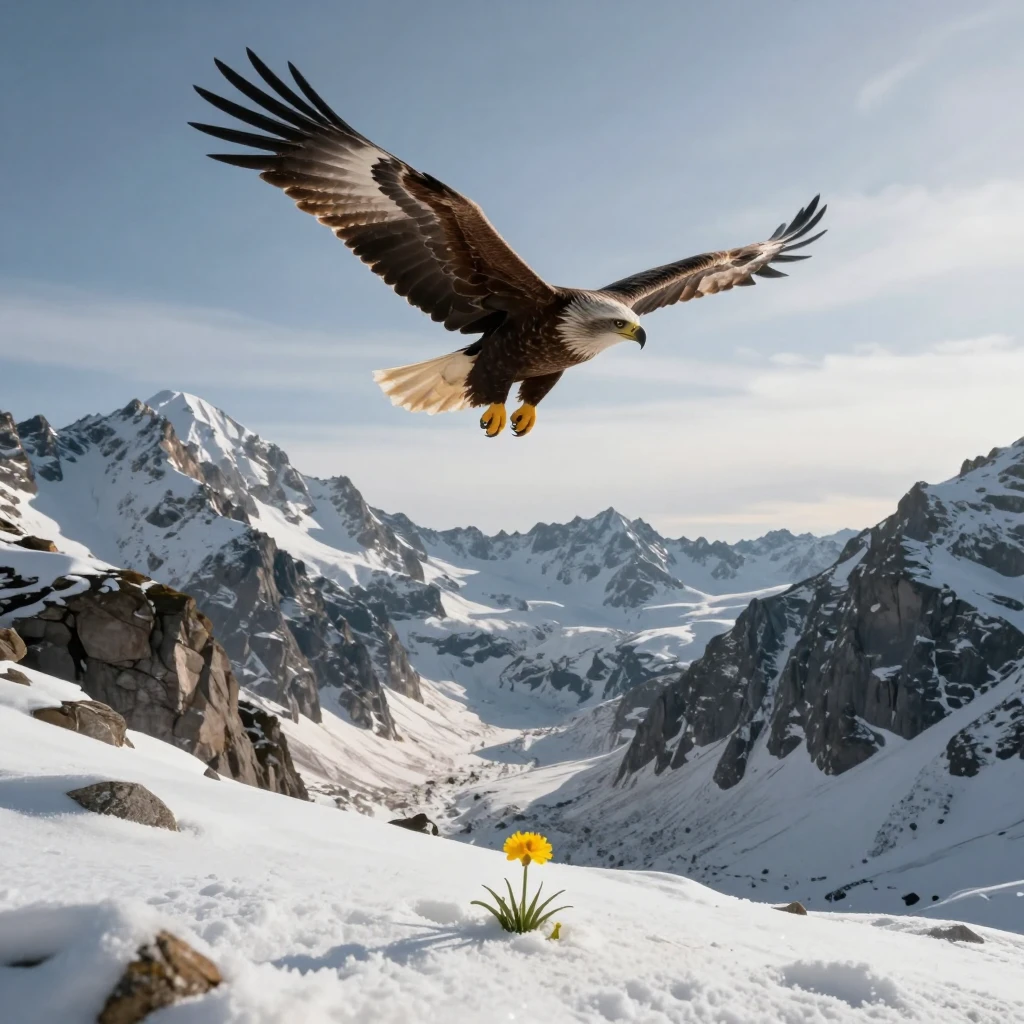 An eagle soaring high above rugged mountain peaks, wings spr...