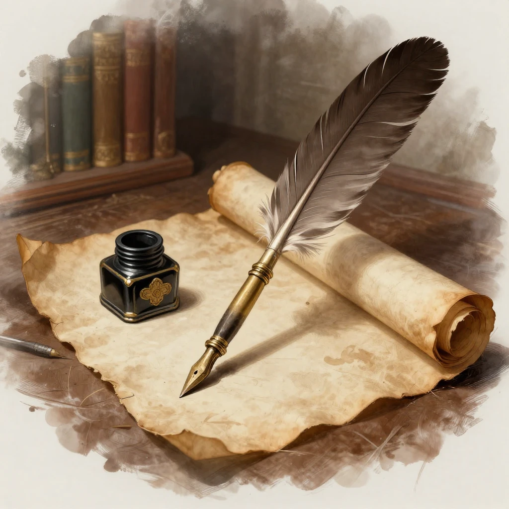 A detailed, artistic illustration of an antique quill pen re...