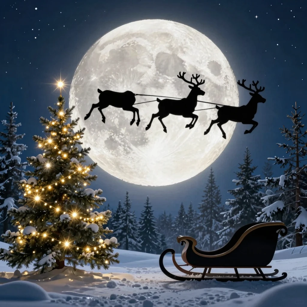 A silhouette of a sleigh pulled by reindeer flying across a ...