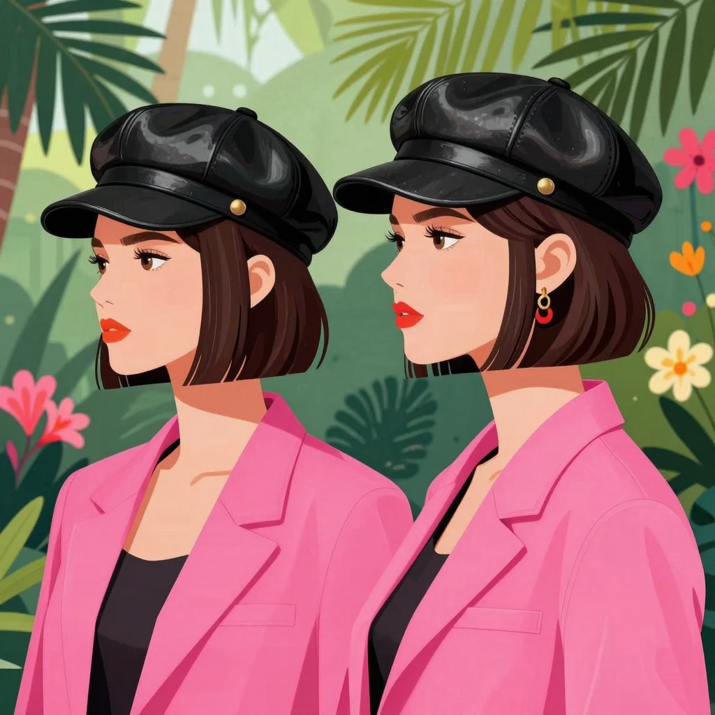 Artistic side view of two women in bright pink jackets and b...