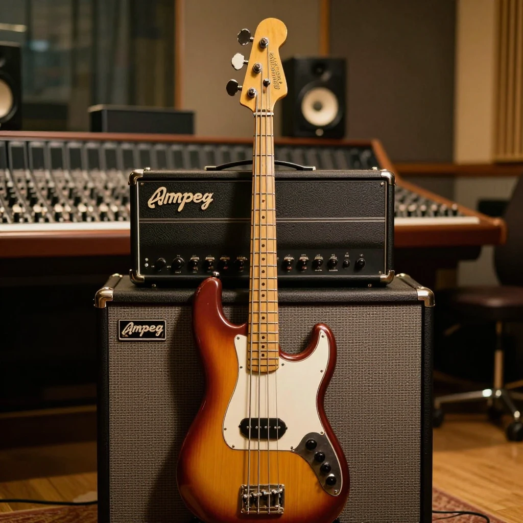 A classic rock music gear setup with a vintage Fender Precis...