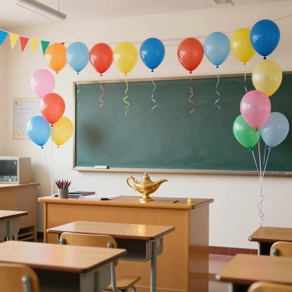 A classroom decorated for a party with colorful balloons and...