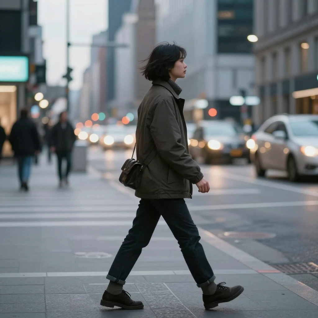 A person walking in a city street, candid moment, natural po...