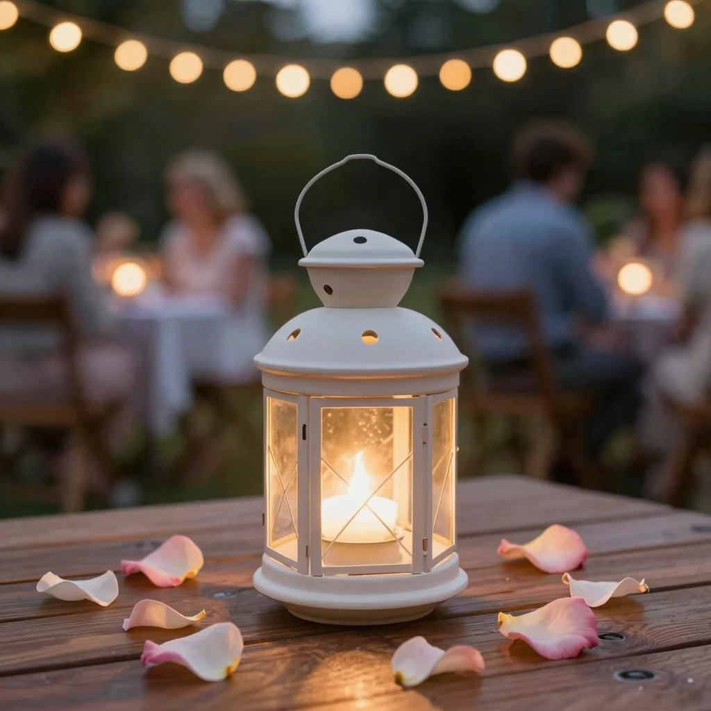 A warm glowing lantern on a wooden table at dusk, surrounded...