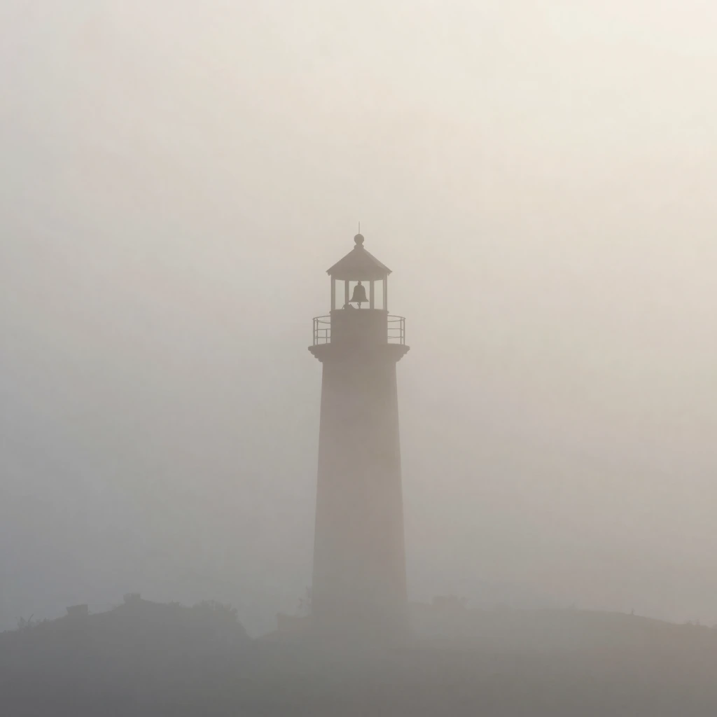 Slender wooden bell tower silhouette rising through thick mi...