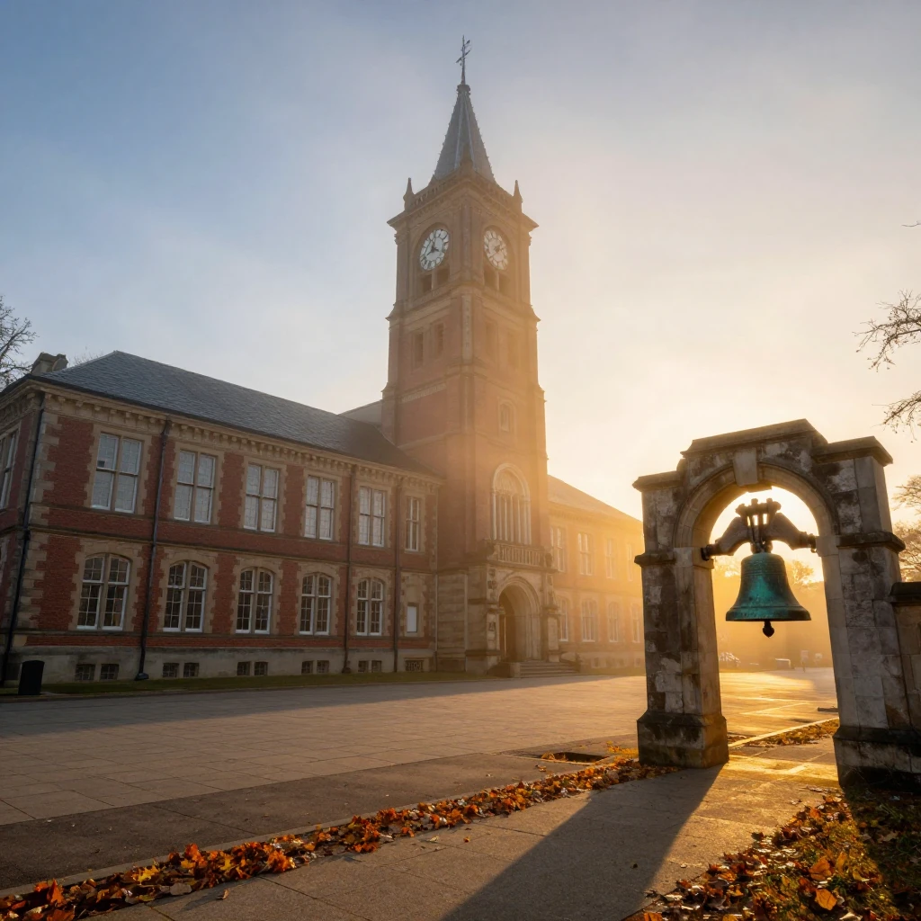 A wide-angle shot of an old school building at sunrise, with...