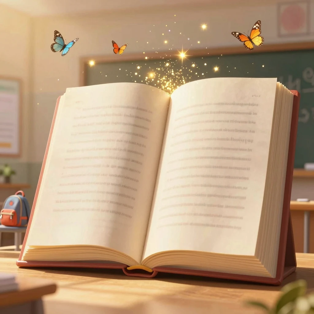 A magical classroom entrance shaped like a giant open book, ...