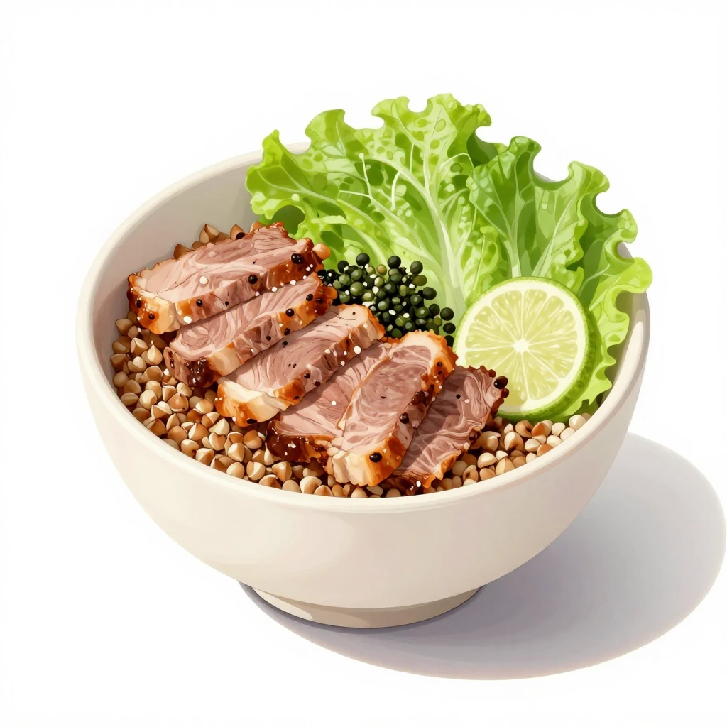 A cafe style buckwheat bowl with sliced meat and fresh veget...