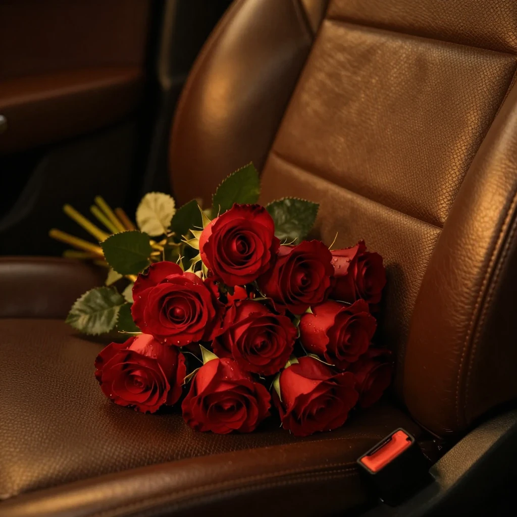 A bouquet of red roses on a leather car seat, warm golden li...