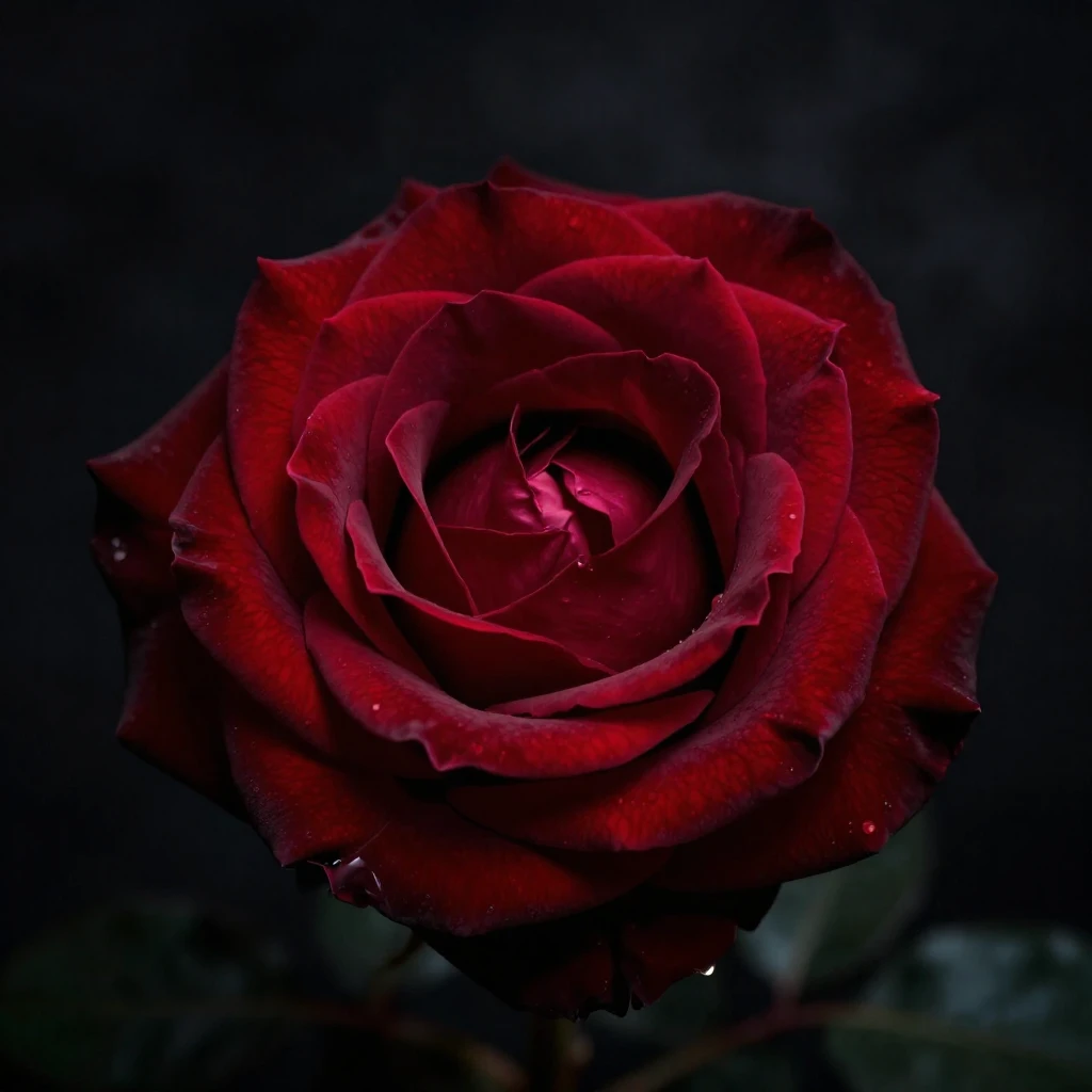 A single, dark red rose with intricate petals, dramatically ...