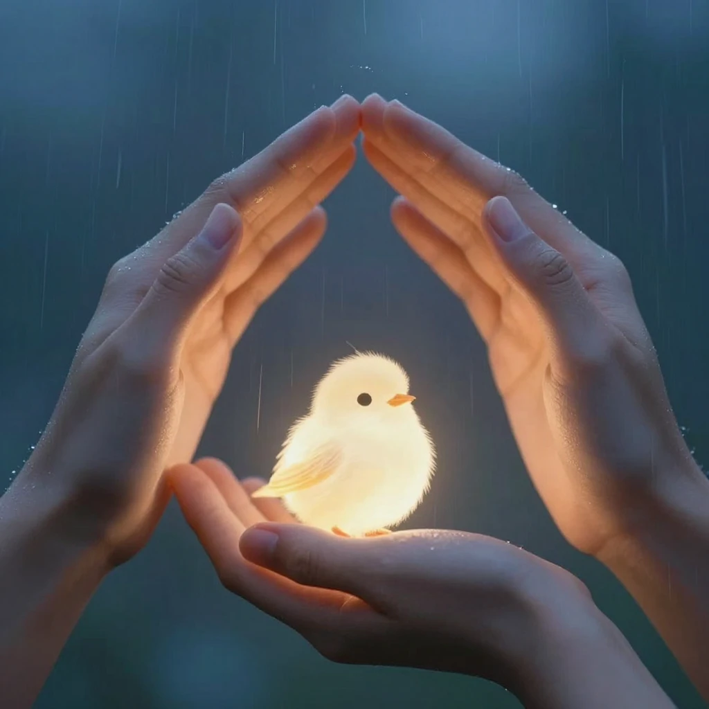 Two hands forming a protective shelter over a small glowing ...