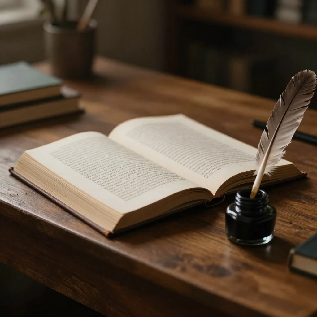An atmospheric depiction of a poet's study. A wooden desk wi...