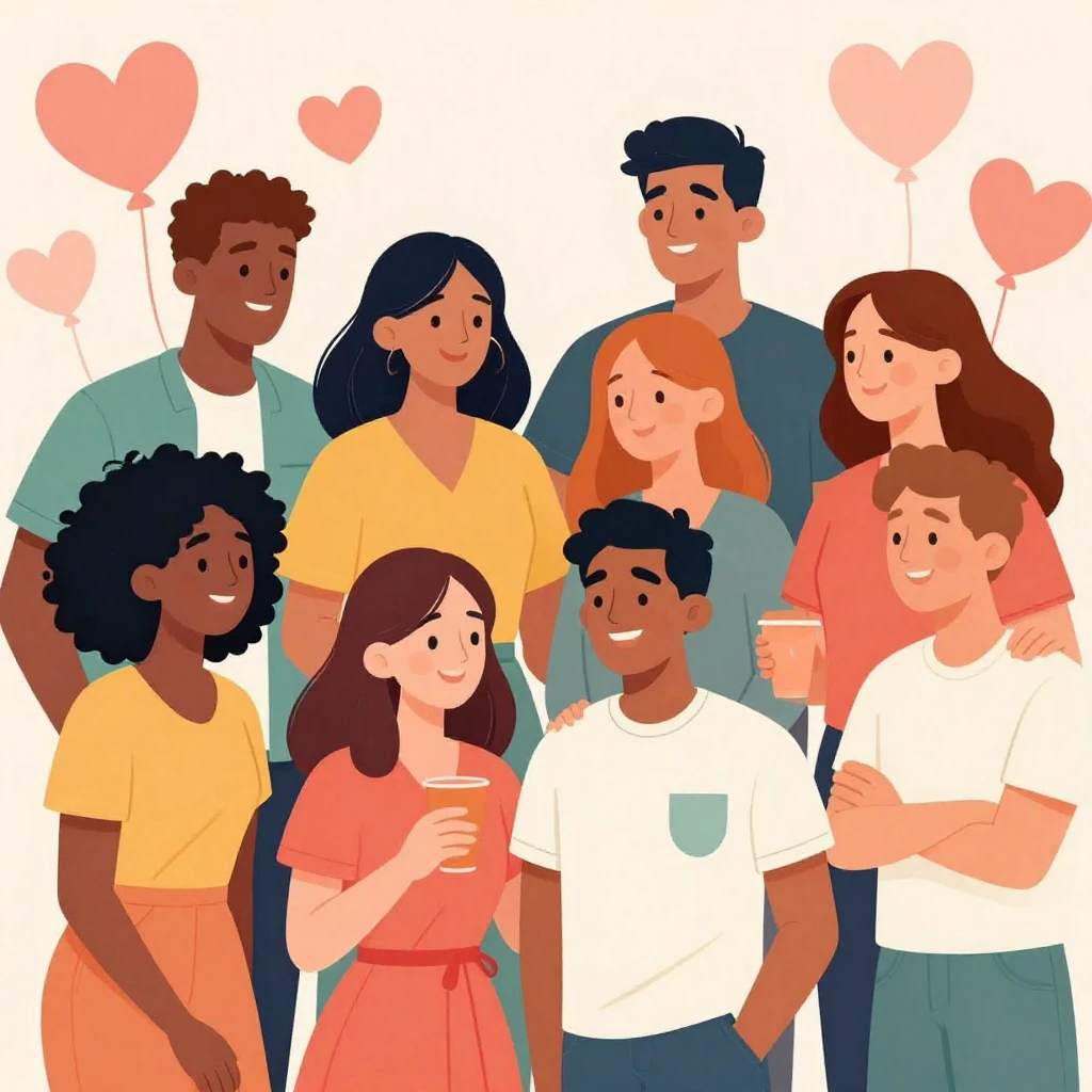 A vibrant illustration of diverse couples and friends sharin...