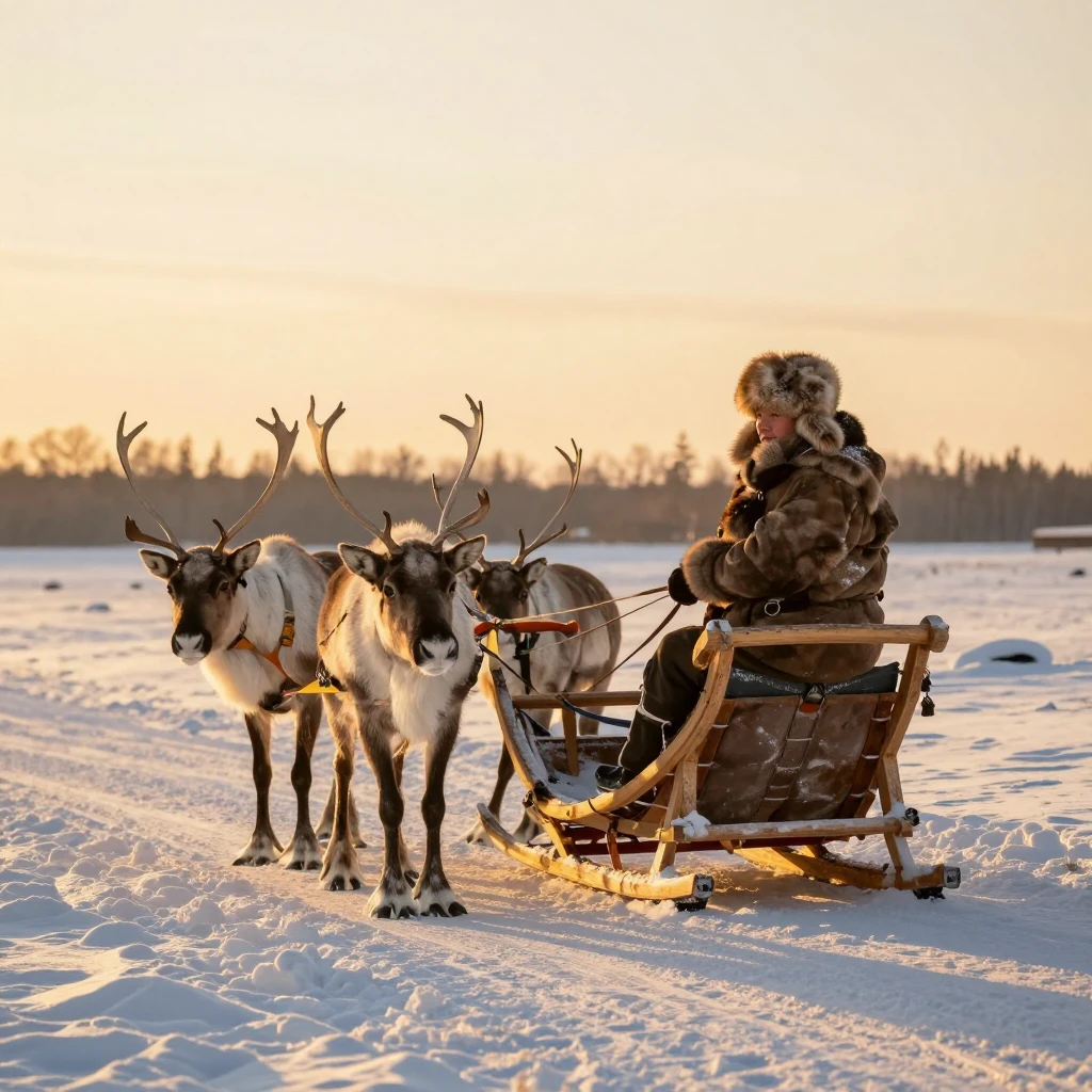 Golden hour lighting over snow-covered ground, reindeer pull...