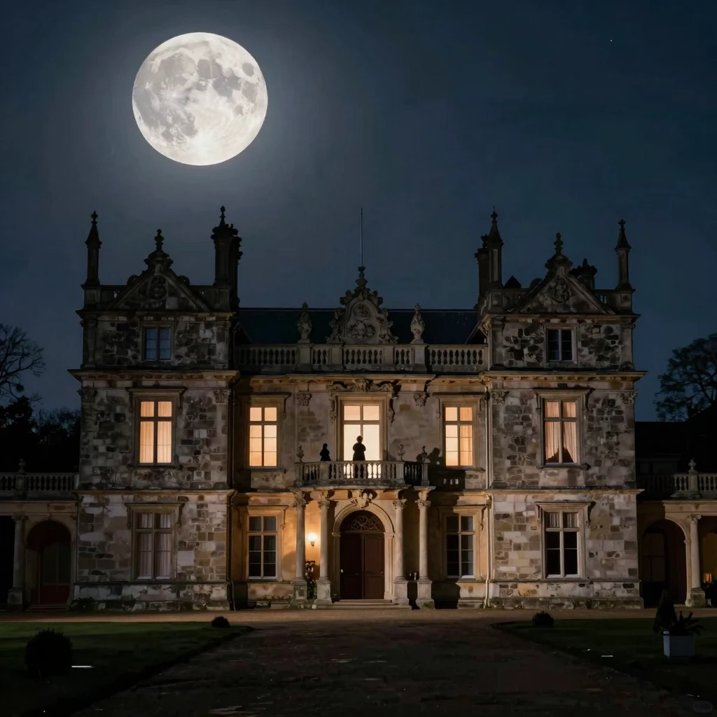 Wide shot of a majestic 19th-century manor house at night un...