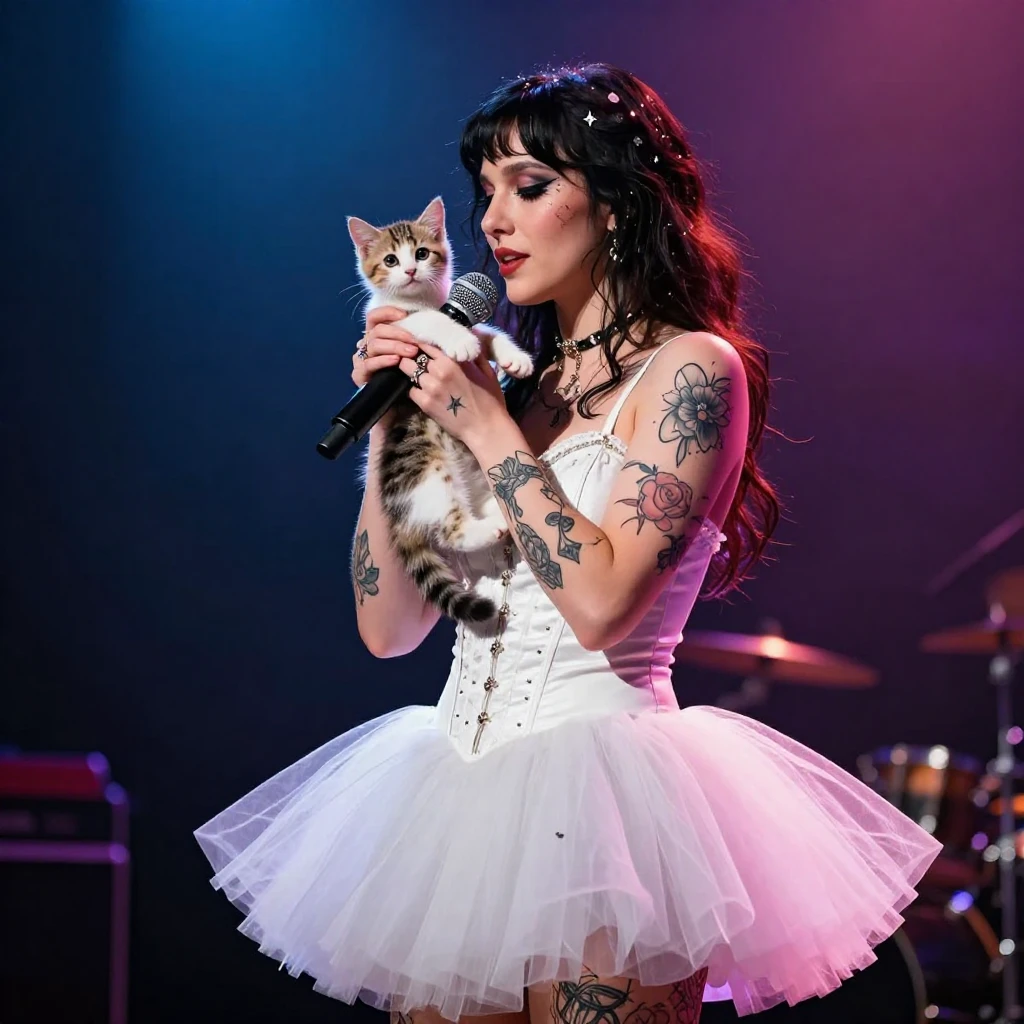 An artistic metal band member with tattoos, wearing a tutu o...