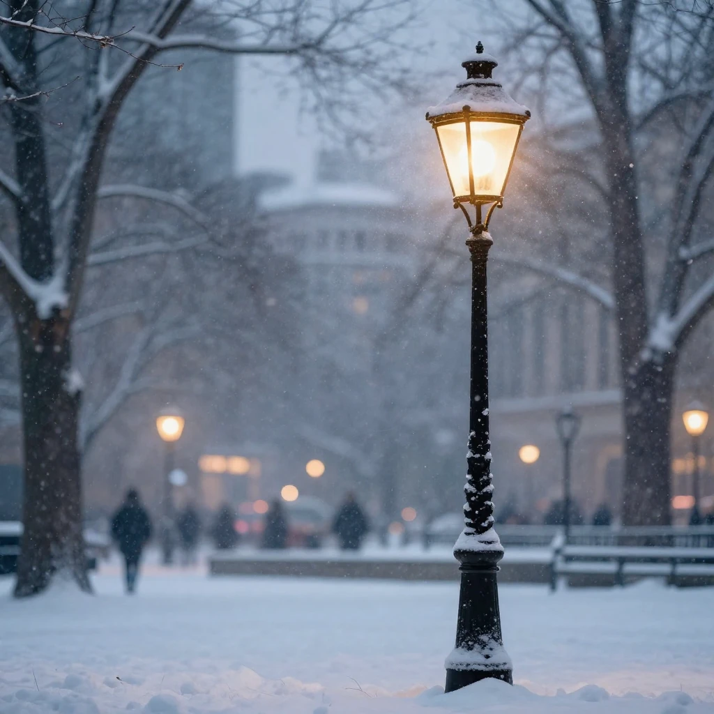A snowy park scene with soft snowflakes falling. A vintage s...