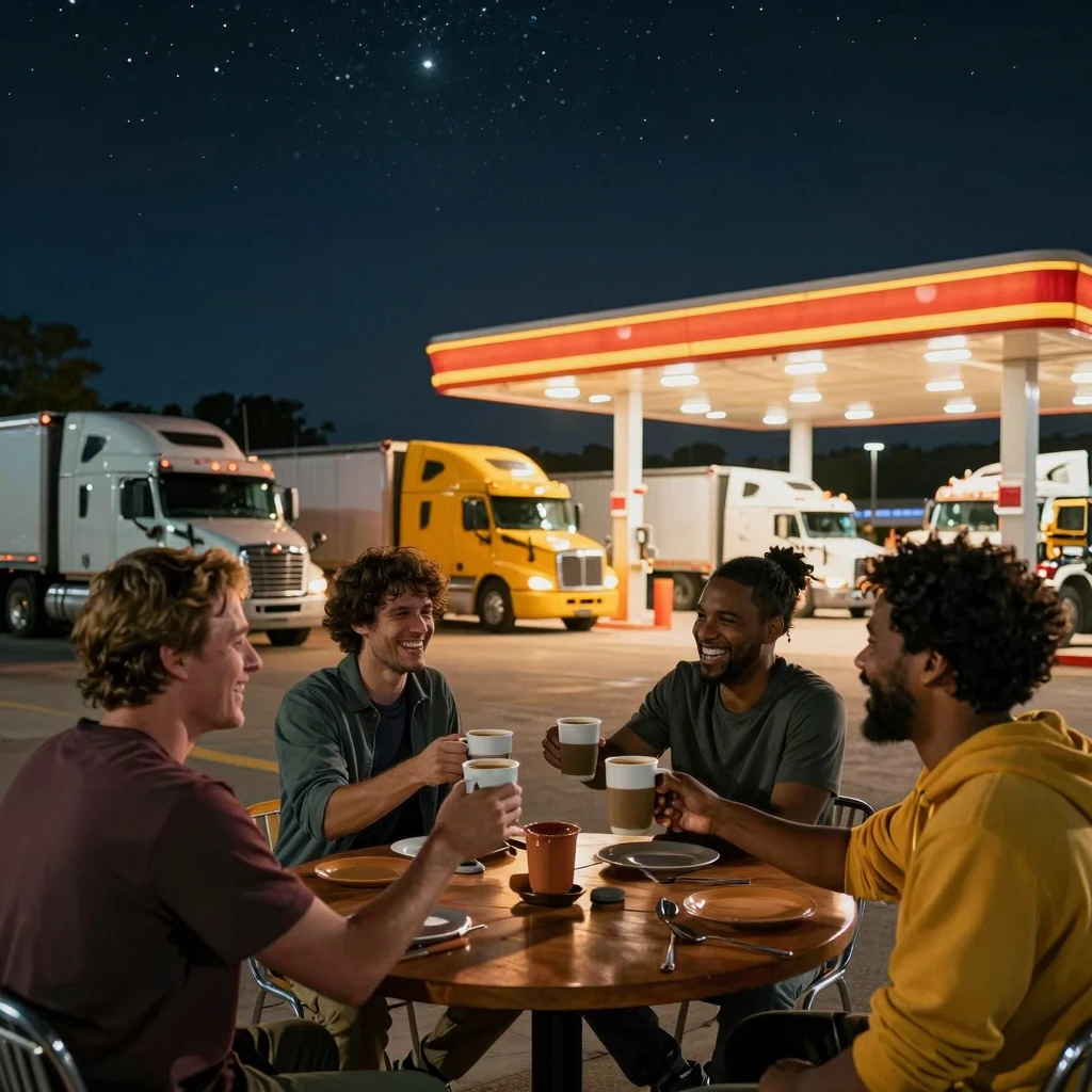 Diverse truck drivers laughing and clinking coffee mugs at a...
