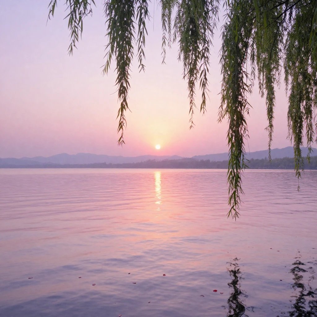 A tranquil lake reflecting a sunset with pastel pink, lavend...
